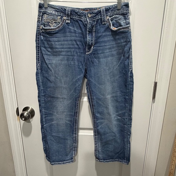 Rock Revival Pants - Rock Revival Womens Vien Capri Jeans Embellished Fleur De Lis Blue Size 32